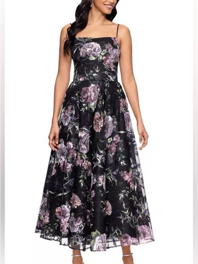 Betsy & Adam Black Floral Square-Neck Midi Dress With Lavender And Pink Blooms